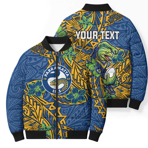 Personalised Parramatta Eels Bomber Puffer Jacket Polynesian Tribal Pattern With Rugby Eel Mascot Art