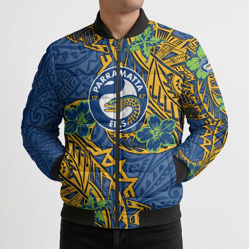 Personalised Parramatta Eels Bomber Puffer Jacket Polynesian Tribal Pattern With Rugby Eel Mascot Art
