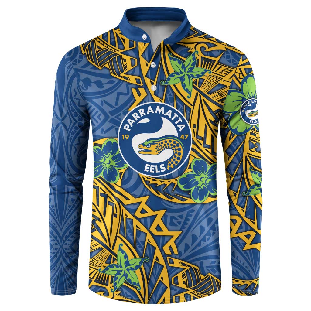 Personalised Parramatta Eels Button Sweatshirt Polynesian Tribal Pattern With Rugby Eel Mascot Art