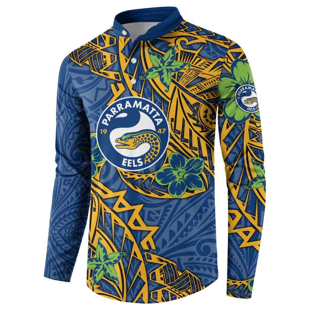 Personalised Parramatta Eels Button Sweatshirt Polynesian Tribal Pattern With Rugby Eel Mascot Art