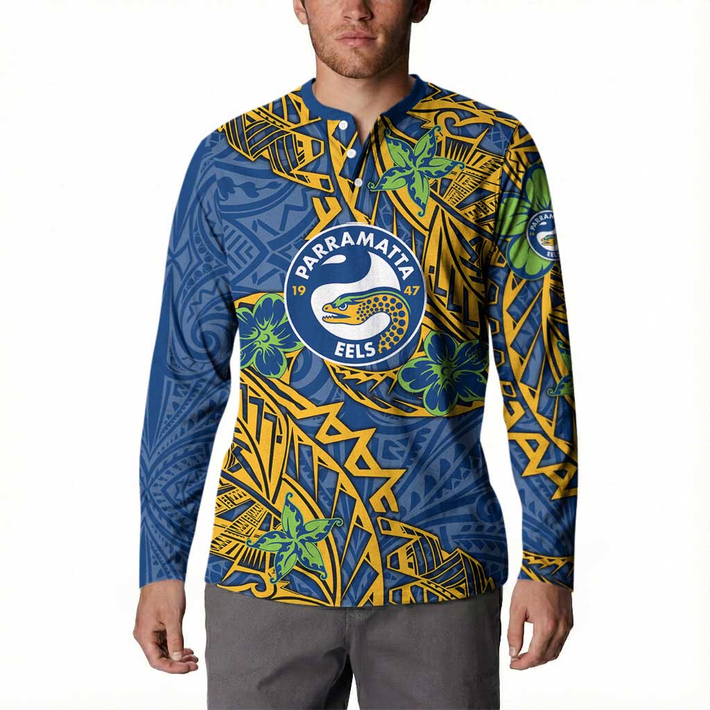 Personalised Parramatta Eels Button Sweatshirt Polynesian Tribal Pattern With Rugby Eel Mascot Art