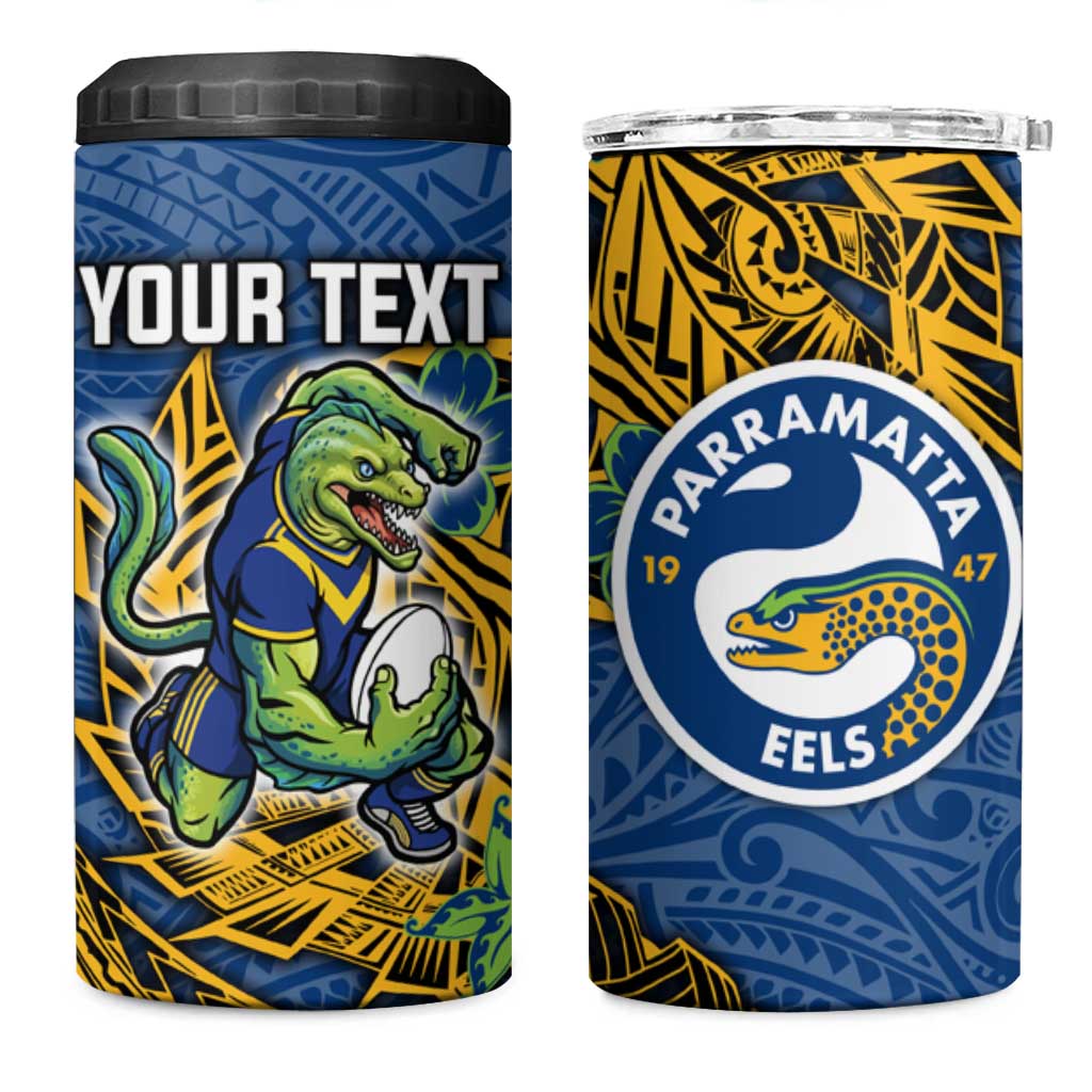 Personalised Parramatta Eels 4 in 1 Can Cooler Tumbler Polynesian Tribal Pattern With Rugby Eel Mascot Art