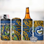 Personalised Parramatta Eels 4 in 1 Can Cooler Tumbler Polynesian Tribal Pattern With Rugby Eel Mascot Art