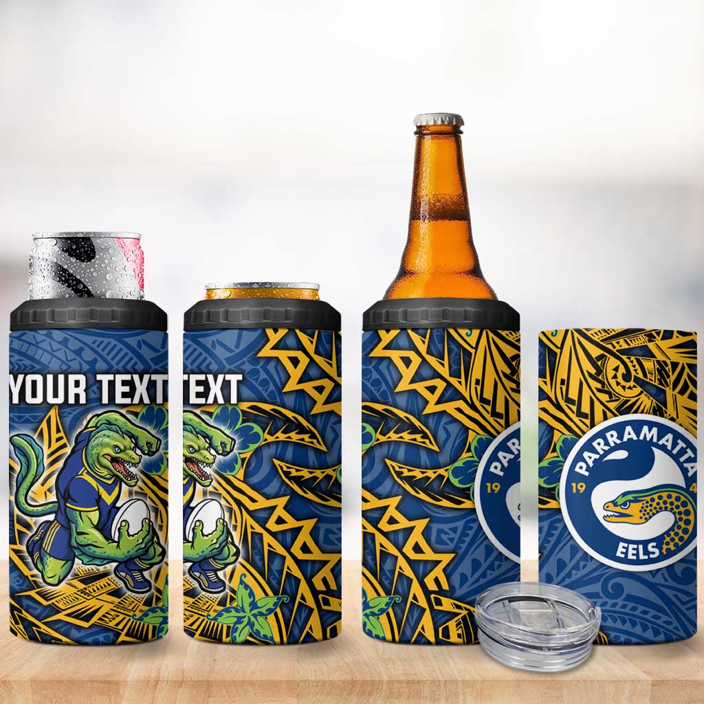 Personalised Parramatta Eels 4 in 1 Can Cooler Tumbler Polynesian Tribal Pattern With Rugby Eel Mascot Art