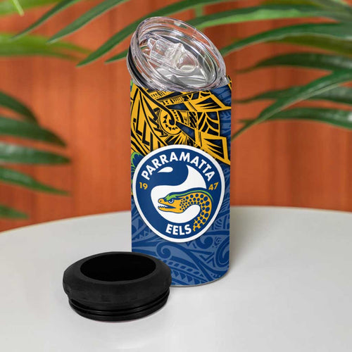 Personalised Parramatta Eels 4 in 1 Can Cooler Tumbler Polynesian Tribal Pattern With Rugby Eel Mascot Art