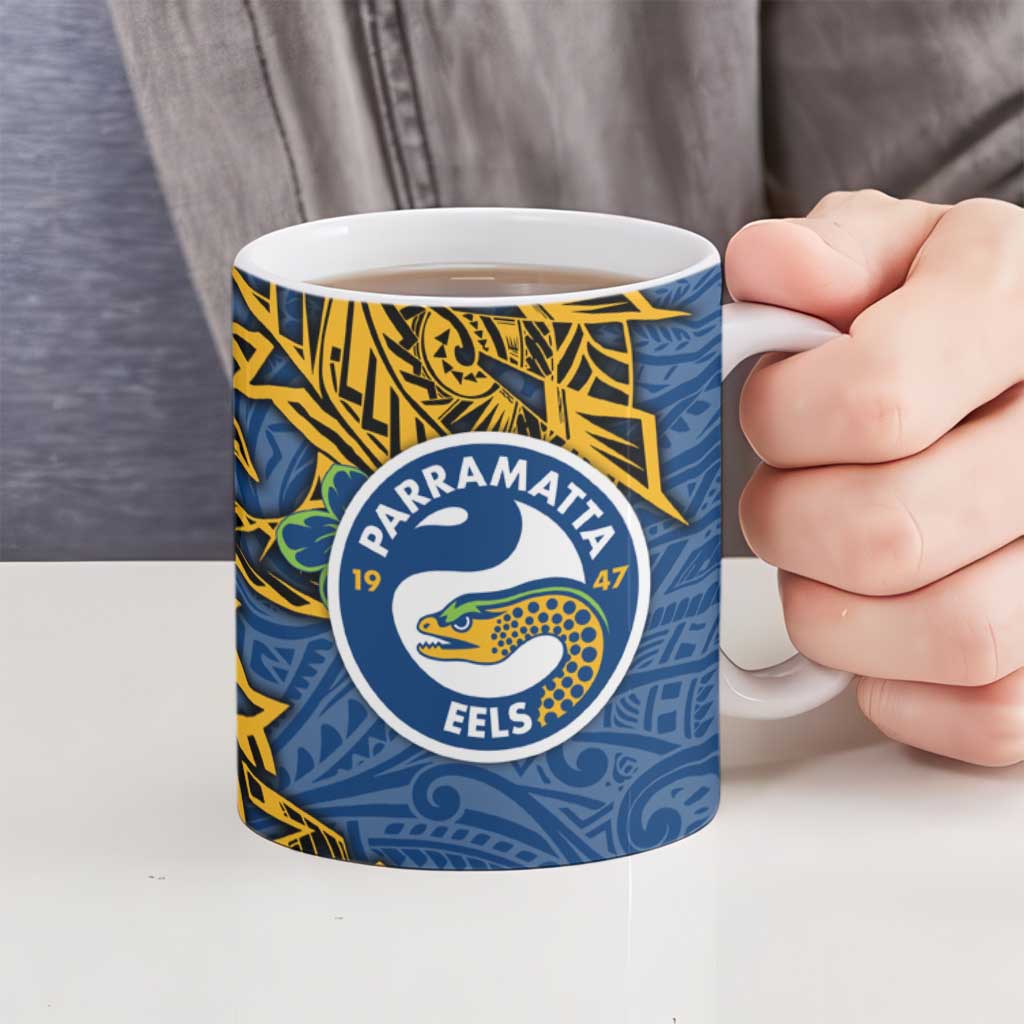 Personalised Parramatta Eels Ceramic Mug Polynesian Tribal Pattern With Rugby Eel Mascot Art