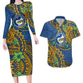 Personalised Parramatta Eels Couples Matching Long Sleeve Bodycon Dress and Hawaiian Shirt Polynesian Tribal Pattern With Rugby Eel Mascot Art