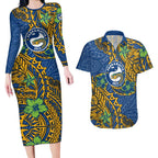 Personalised Parramatta Eels Couples Matching Long Sleeve Bodycon Dress and Hawaiian Shirt Polynesian Tribal Pattern With Rugby Eel Mascot Art