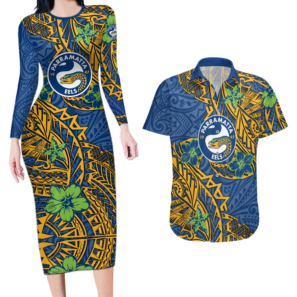 Personalised Parramatta Eels Couples Matching Long Sleeve Bodycon Dress and Hawaiian Shirt Polynesian Tribal Pattern With Rugby Eel Mascot Art