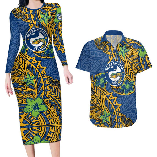 Personalised Parramatta Eels Couples Matching Long Sleeve Bodycon Dress and Hawaiian Shirt Polynesian Tribal Pattern With Rugby Eel Mascot Art