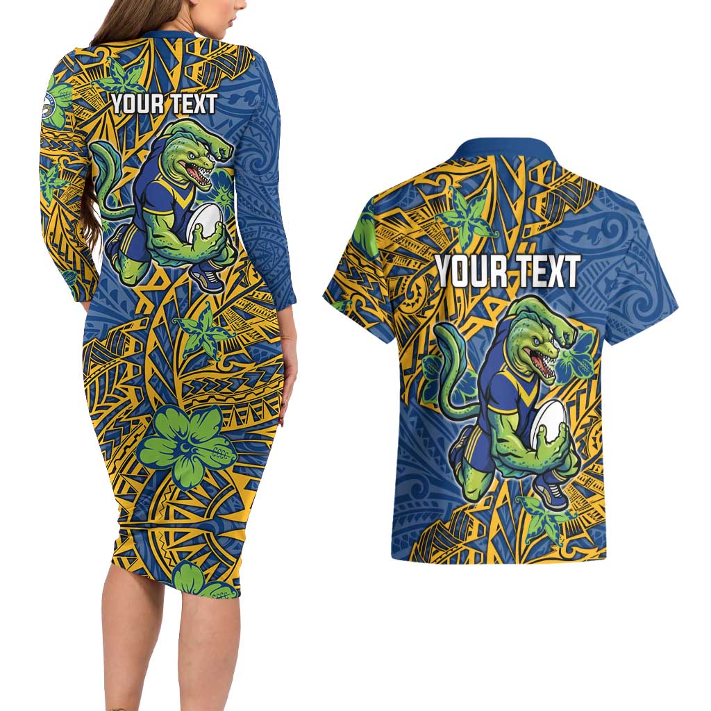 Personalised Parramatta Eels Couples Matching Long Sleeve Bodycon Dress and Hawaiian Shirt Polynesian Tribal Pattern With Rugby Eel Mascot Art