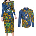 Personalised Parramatta Eels Couples Matching Long Sleeve Bodycon Dress and Long Sleeve Button Shirt Polynesian Tribal Pattern With Rugby Eel Mascot Art