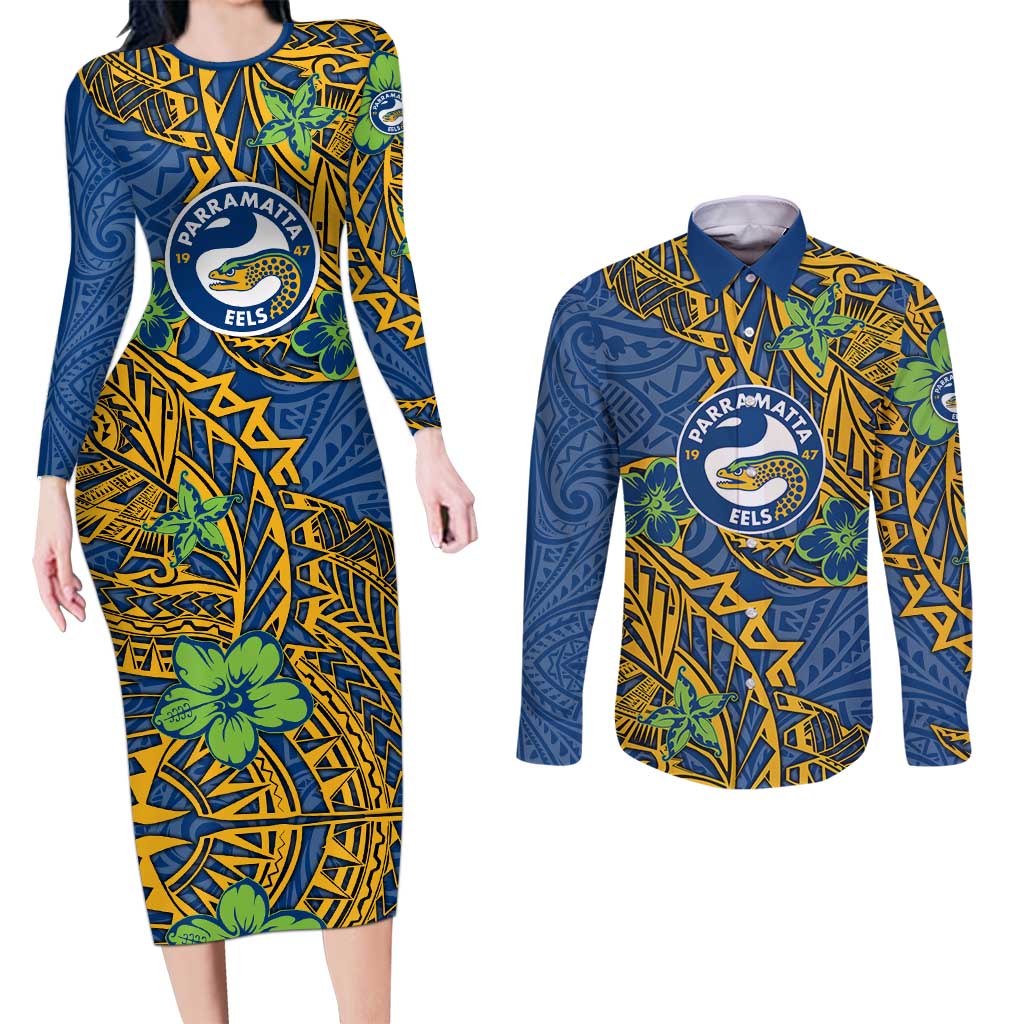 Personalised Parramatta Eels Couples Matching Long Sleeve Bodycon Dress and Long Sleeve Button Shirt Polynesian Tribal Pattern With Rugby Eel Mascot Art