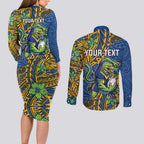 Personalised Parramatta Eels Couples Matching Long Sleeve Bodycon Dress and Long Sleeve Button Shirt Polynesian Tribal Pattern With Rugby Eel Mascot Art