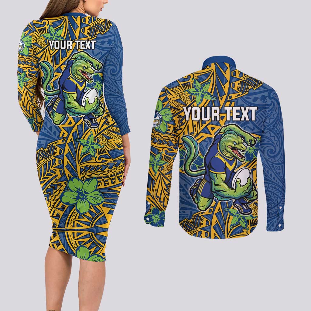 Personalised Parramatta Eels Couples Matching Long Sleeve Bodycon Dress and Long Sleeve Button Shirt Polynesian Tribal Pattern With Rugby Eel Mascot Art