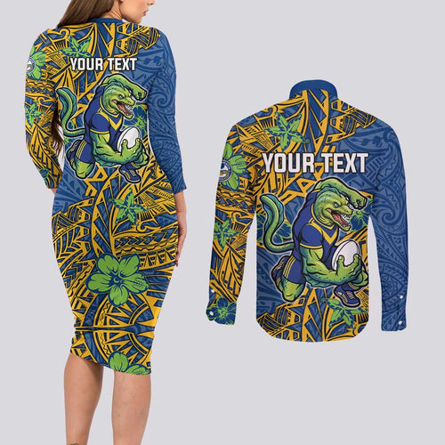 Personalised Parramatta Eels Couples Matching Long Sleeve Bodycon Dress and Long Sleeve Button Shirt Polynesian Tribal Pattern With Rugby Eel Mascot Art