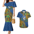 Personalised Parramatta Eels Couples Matching Mermaid Dress and Hawaiian Shirt Polynesian Tribal Pattern With Rugby Eel Mascot Art