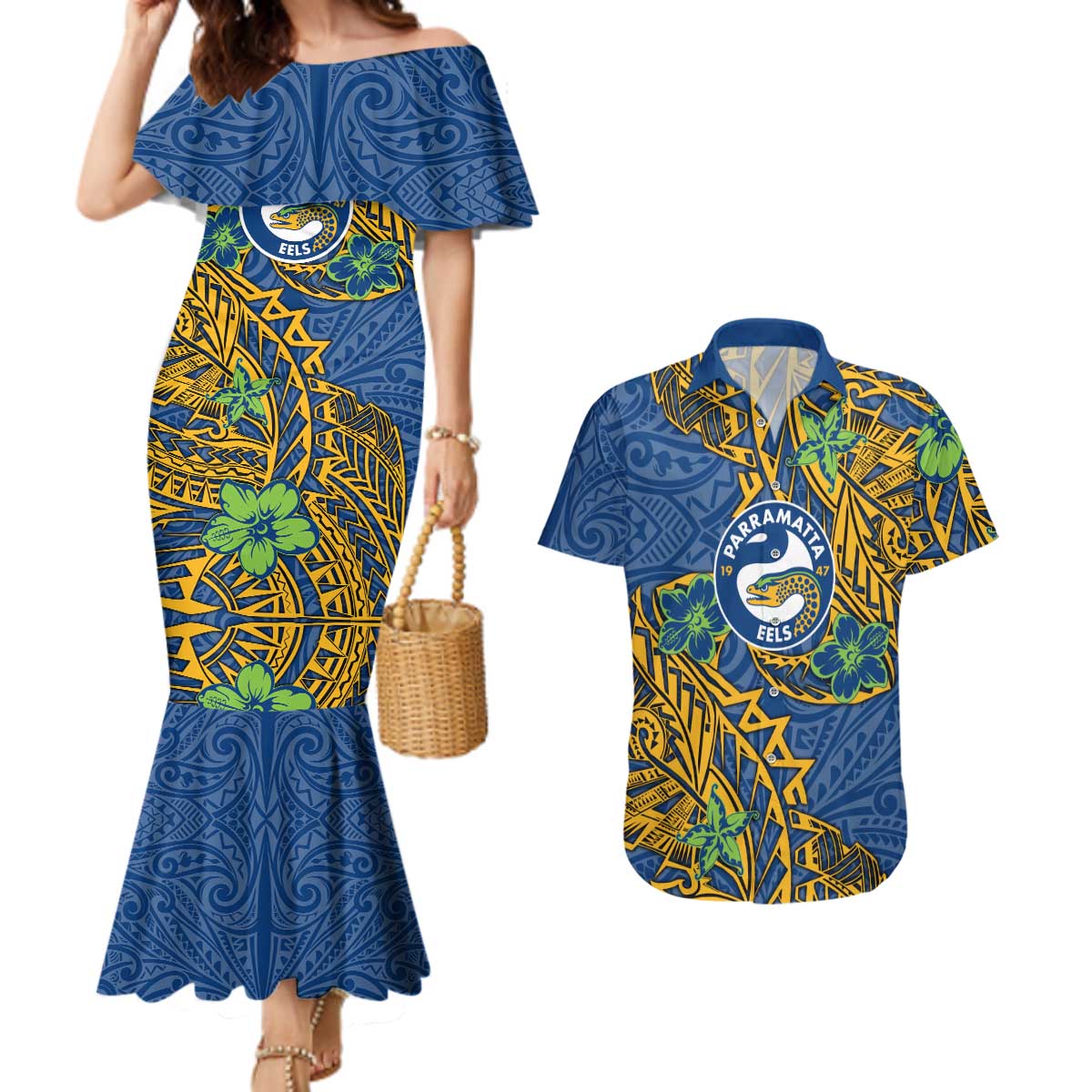 Personalised Parramatta Eels Couples Matching Mermaid Dress and Hawaiian Shirt Polynesian Tribal Pattern With Rugby Eel Mascot Art