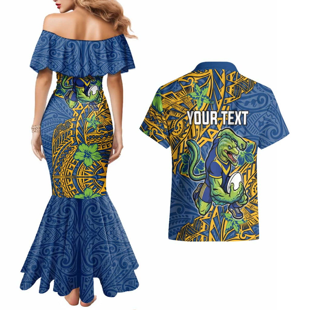 Personalised Parramatta Eels Couples Matching Mermaid Dress and Hawaiian Shirt Polynesian Tribal Pattern With Rugby Eel Mascot Art
