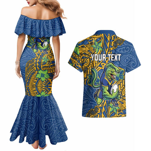 Personalised Parramatta Eels Couples Matching Mermaid Dress and Hawaiian Shirt Polynesian Tribal Pattern With Rugby Eel Mascot Art