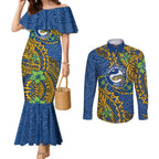 Personalised Parramatta Eels Couples Matching Mermaid Dress and Long Sleeve Button Shirt Polynesian Tribal Pattern With Rugby Eel Mascot Art
