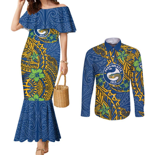 Personalised Parramatta Eels Couples Matching Mermaid Dress and Long Sleeve Button Shirt Polynesian Tribal Pattern With Rugby Eel Mascot Art