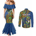 Personalised Parramatta Eels Couples Matching Mermaid Dress and Long Sleeve Button Shirt Polynesian Tribal Pattern With Rugby Eel Mascot Art