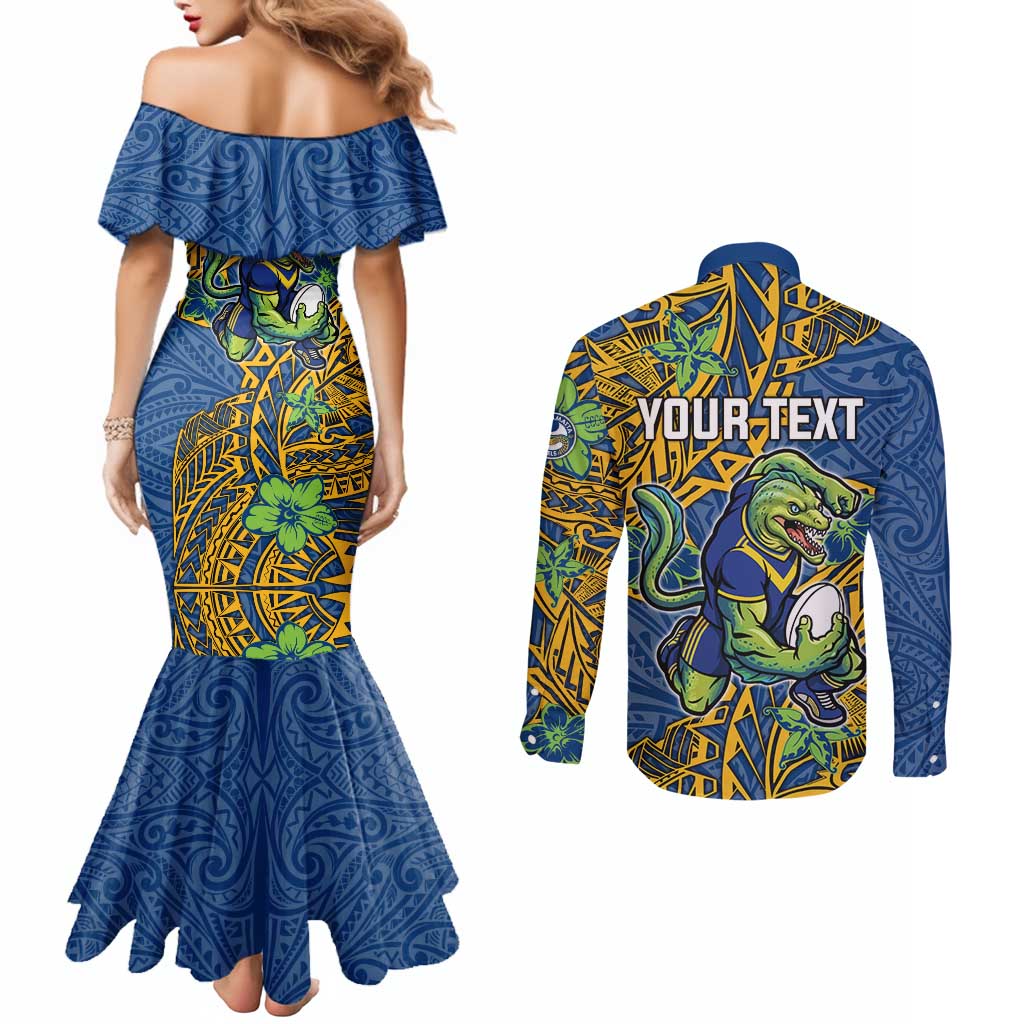 Personalised Parramatta Eels Couples Matching Mermaid Dress and Long Sleeve Button Shirt Polynesian Tribal Pattern With Rugby Eel Mascot Art