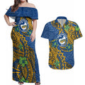 Personalised Parramatta Eels Couples Matching Off Shoulder Maxi Dress and Hawaiian Shirt Polynesian Tribal Pattern With Rugby Eel Mascot Art