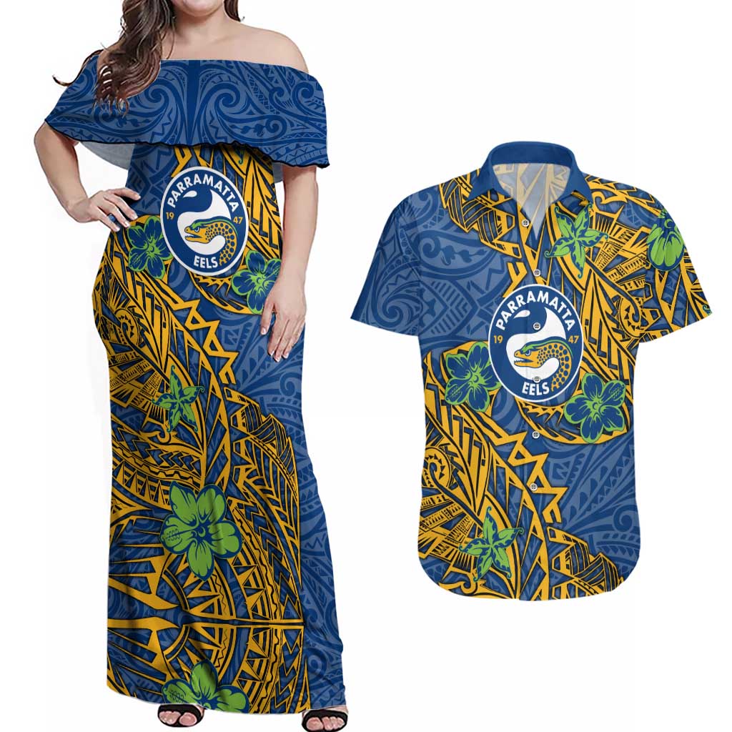 Personalised Parramatta Eels Couples Matching Off Shoulder Maxi Dress and Hawaiian Shirt Polynesian Tribal Pattern With Rugby Eel Mascot Art