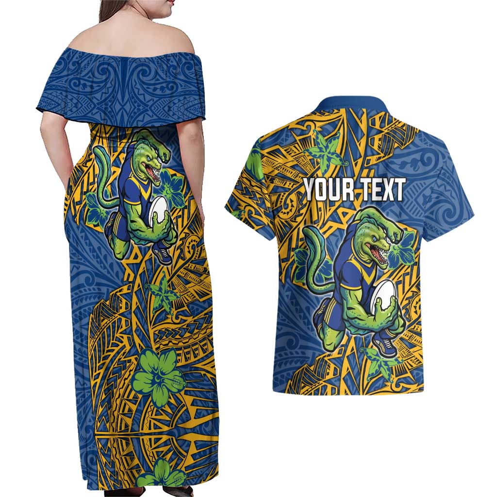 Personalised Parramatta Eels Couples Matching Off Shoulder Maxi Dress and Hawaiian Shirt Polynesian Tribal Pattern With Rugby Eel Mascot Art