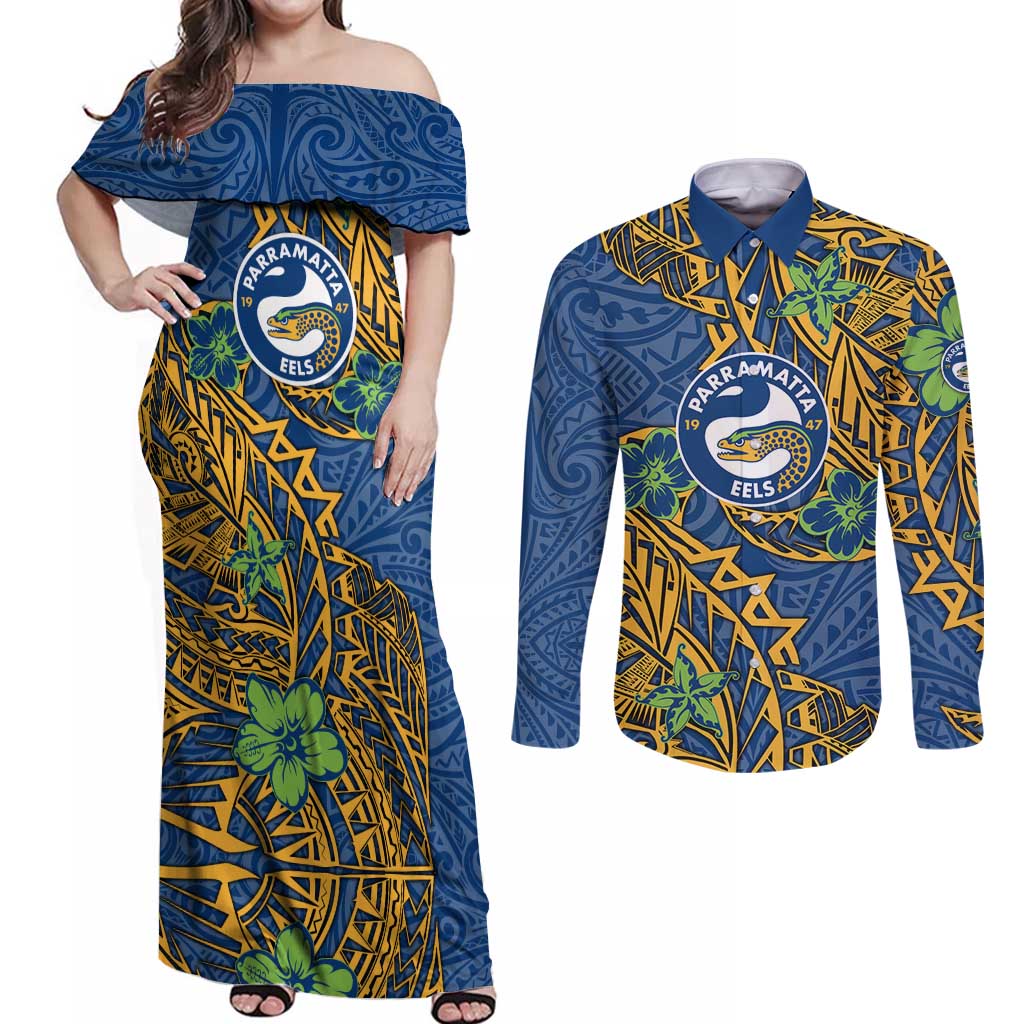 Personalised Parramatta Eels Couples Matching Off Shoulder Maxi Dress and Long Sleeve Button Shirt Polynesian Tribal Pattern With Rugby Eel Mascot Art