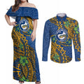 Personalised Parramatta Eels Couples Matching Off Shoulder Maxi Dress and Long Sleeve Button Shirt Polynesian Tribal Pattern With Rugby Eel Mascot Art