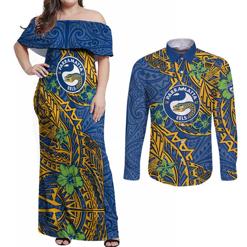 Personalised Parramatta Eels Couples Matching Off Shoulder Maxi Dress and Long Sleeve Button Shirt Polynesian Tribal Pattern With Rugby Eel Mascot Art
