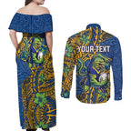 Personalised Parramatta Eels Couples Matching Off Shoulder Maxi Dress and Long Sleeve Button Shirt Polynesian Tribal Pattern With Rugby Eel Mascot Art