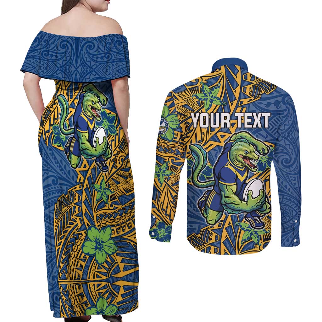 Personalised Parramatta Eels Couples Matching Off Shoulder Maxi Dress and Long Sleeve Button Shirt Polynesian Tribal Pattern With Rugby Eel Mascot Art