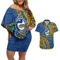 Personalised Parramatta Eels Couples Matching Off Shoulder Short Dress and Hawaiian Shirt Polynesian Tribal Pattern With Rugby Eel Mascot Art