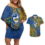 Personalised Parramatta Eels Couples Matching Off Shoulder Short Dress and Hawaiian Shirt Polynesian Tribal Pattern With Rugby Eel Mascot Art