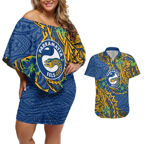 Personalised Parramatta Eels Couples Matching Off Shoulder Short Dress and Hawaiian Shirt Polynesian Tribal Pattern With Rugby Eel Mascot Art