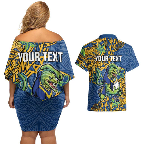 Personalised Parramatta Eels Couples Matching Off Shoulder Short Dress and Hawaiian Shirt Polynesian Tribal Pattern With Rugby Eel Mascot Art