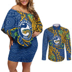 Personalised Parramatta Eels Couples Matching Off Shoulder Short Dress and Long Sleeve Button Shirt Polynesian Tribal Pattern With Rugby Eel Mascot Art