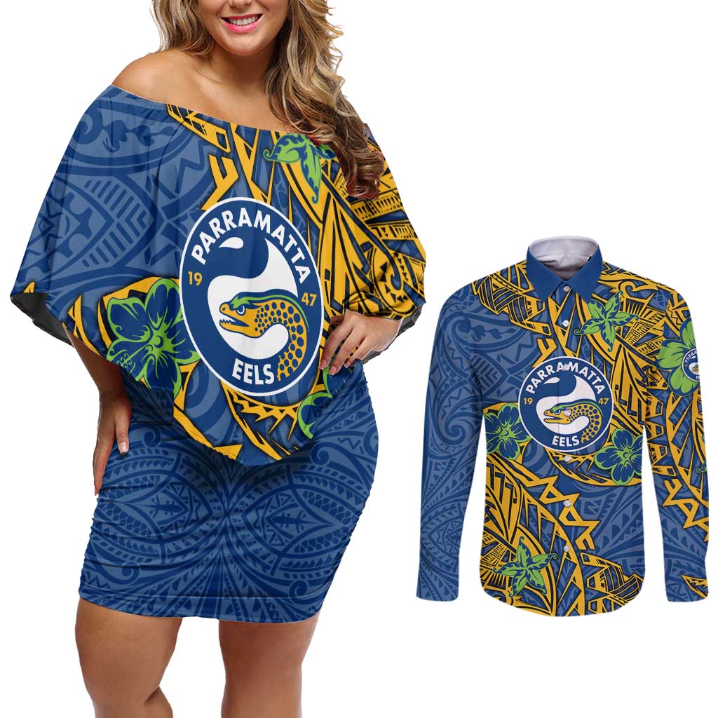 Personalised Parramatta Eels Couples Matching Off Shoulder Short Dress and Long Sleeve Button Shirt Polynesian Tribal Pattern With Rugby Eel Mascot Art