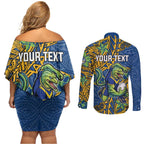 Personalised Parramatta Eels Couples Matching Off Shoulder Short Dress and Long Sleeve Button Shirt Polynesian Tribal Pattern With Rugby Eel Mascot Art