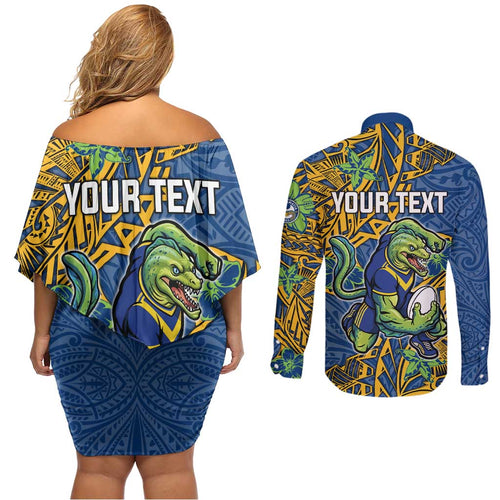 Personalised Parramatta Eels Couples Matching Off Shoulder Short Dress and Long Sleeve Button Shirt Polynesian Tribal Pattern With Rugby Eel Mascot Art