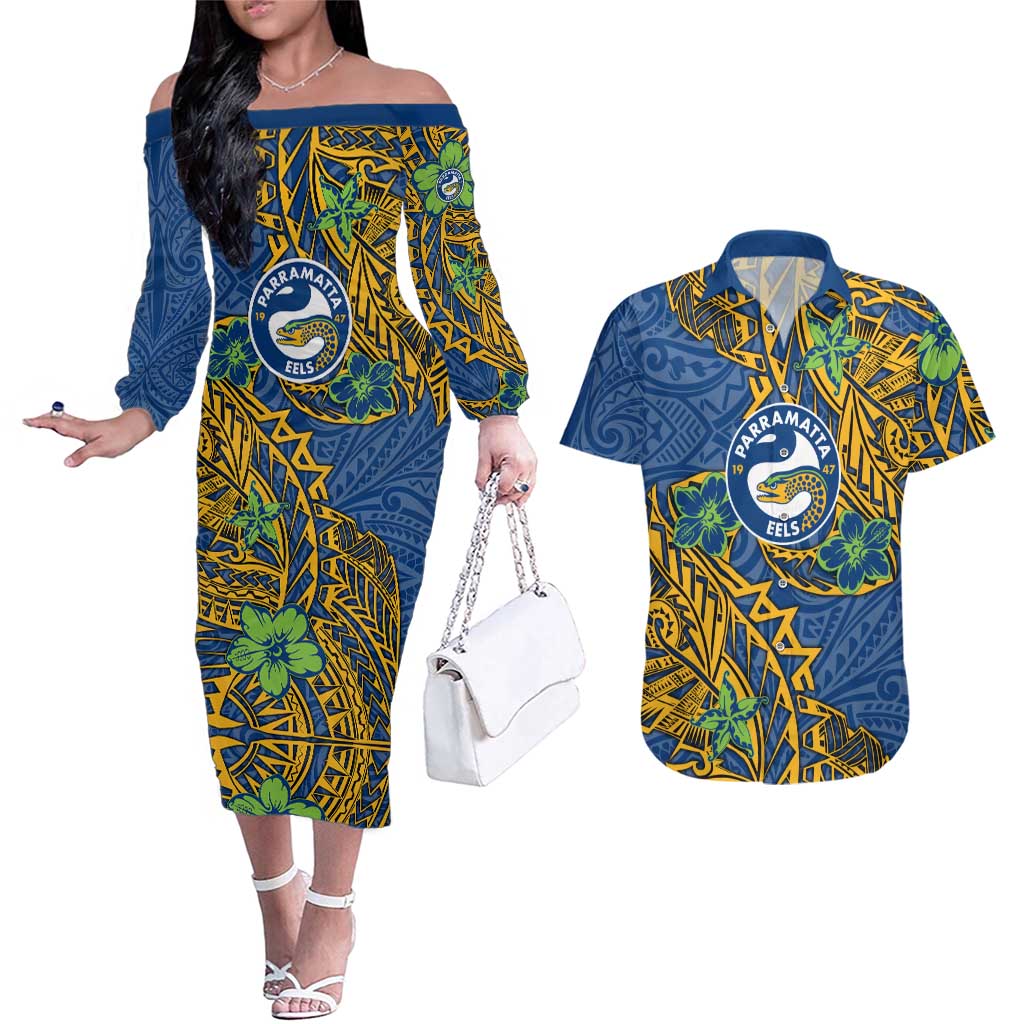 Personalised Parramatta Eels Couples Matching Off The Shoulder Long Sleeve Dress and Hawaiian Shirt Polynesian Tribal Pattern With Rugby Eel Mascot Art
