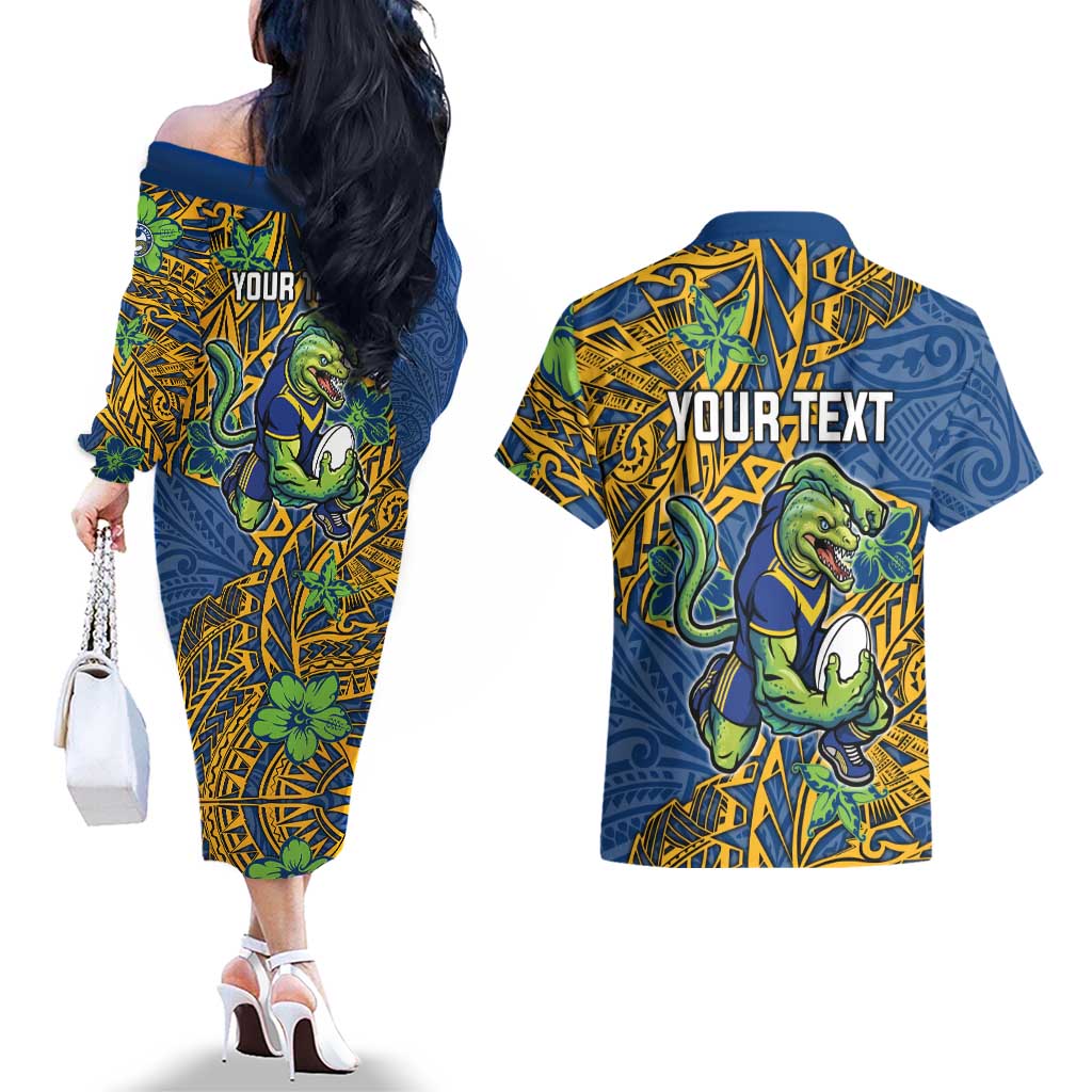 Personalised Parramatta Eels Couples Matching Off The Shoulder Long Sleeve Dress and Hawaiian Shirt Polynesian Tribal Pattern With Rugby Eel Mascot Art