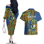 Personalised Parramatta Eels Couples Matching Off The Shoulder Long Sleeve Dress and Hawaiian Shirt Polynesian Tribal Pattern With Rugby Eel Mascot Art