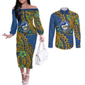Personalised Parramatta Eels Couples Matching Off The Shoulder Long Sleeve Dress and Long Sleeve Button Shirt Polynesian Tribal Pattern With Rugby Eel Mascot Art