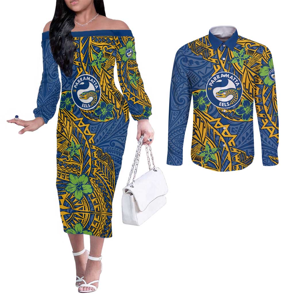 Personalised Parramatta Eels Couples Matching Off The Shoulder Long Sleeve Dress and Long Sleeve Button Shirt Polynesian Tribal Pattern With Rugby Eel Mascot Art