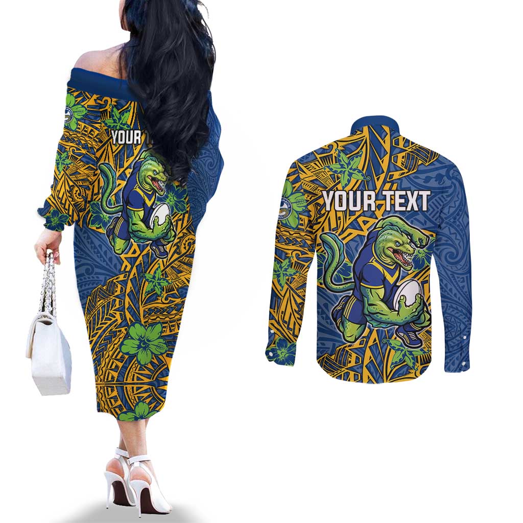 Personalised Parramatta Eels Couples Matching Off The Shoulder Long Sleeve Dress and Long Sleeve Button Shirt Polynesian Tribal Pattern With Rugby Eel Mascot Art